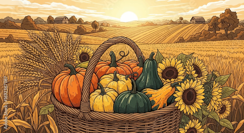Detailed autumn harvest landscape with basket of pumpkins, sunflowers, and farm fields