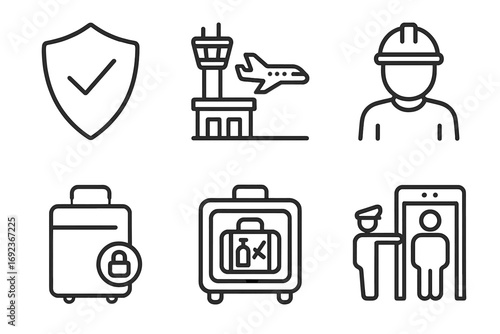 Air travel security and safety icons: shield, airport, worker, luggage, customs