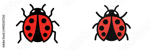 Simple ladybug icon set with two variations of a red and black beetle graphic isolated on a white background