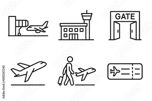 Airport icons: airplane, terminal, boarding gate, traveler, ticket