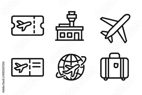 Travel icons set with airplane, ticket, airport, globe, and luggage symbols