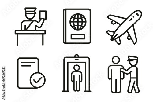 Airport security and travel icons - passport, airplane, security check, customs officer