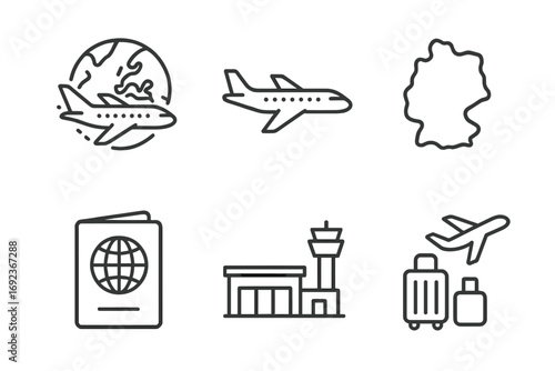 Air travel icons with airplane, passport, luggage, germany map, and airport