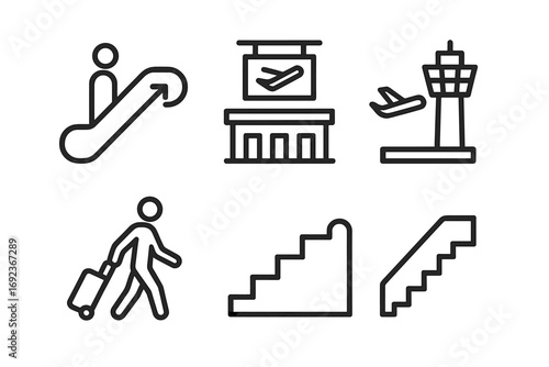 Airport icons: escalator, terminal, control tower, traveler with luggage, stairs