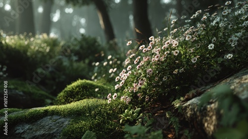 Enchanting woodland scene with delicate blossoms and lush mossy textures