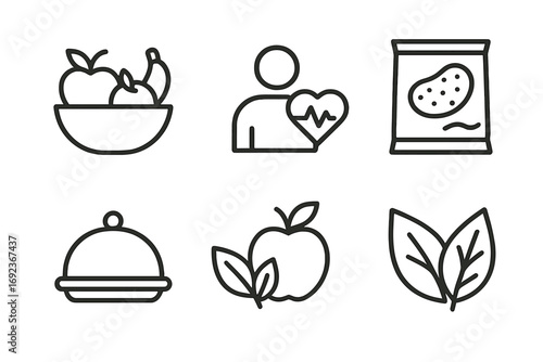 Health icons set: fruit bowl, heart check, snack bag, covered dish, fresh apple and leaves