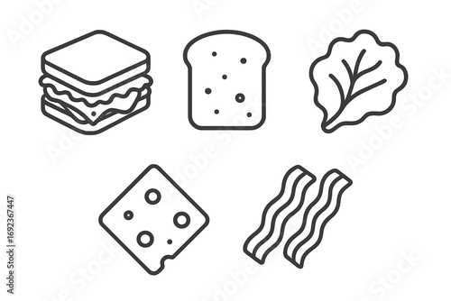 Sandwich ingredients icons: bread, cheese, lettuce, bacon - black and white line art