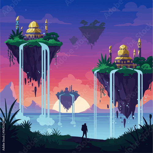 Adventurer gazes at stunning floating islands with golden temples at sunset
