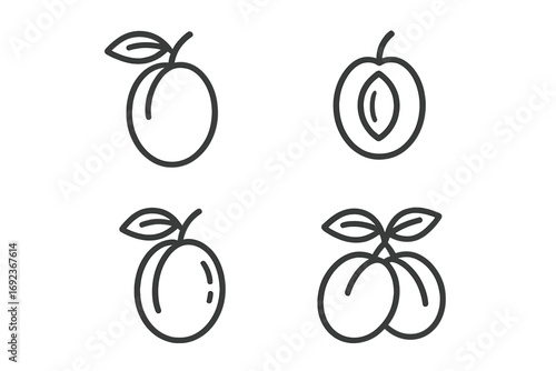 Simple line art of peaches and plums with leaves in various views