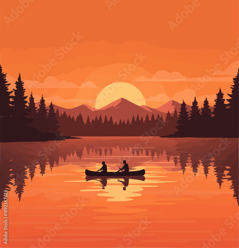 Couple canoeing on serene lake during vibrant sunset with mountain backdrop