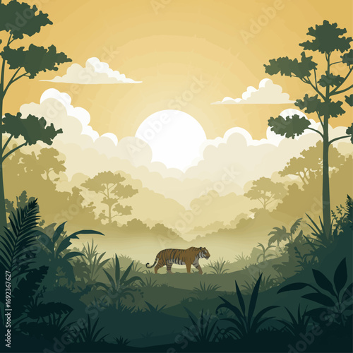 Majestic tiger walks through lush jungle at sunrise, wild nature scene