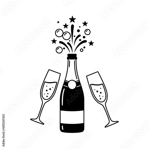 Champagne Bottle and Glasses Icon – Celebration Party Vector Illustration
