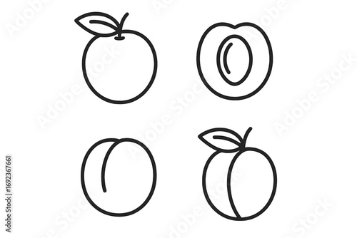 Outline icons: whole and halved peaches with leaves in minimalist style