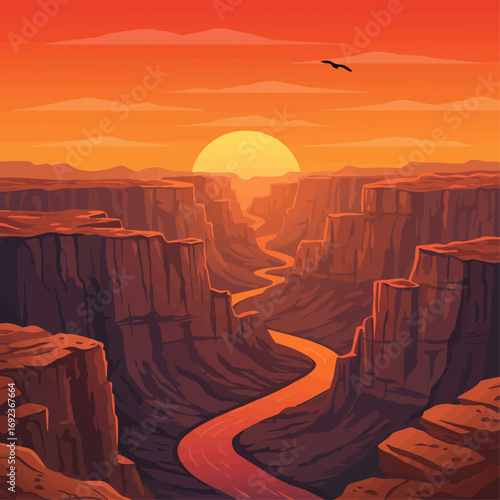 Vibrant sunset paints canyon depths with golden light, a soaring bird above