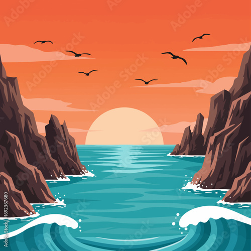 Serene ocean sunset with dramatic cliffs and soaring seagulls over calm waters