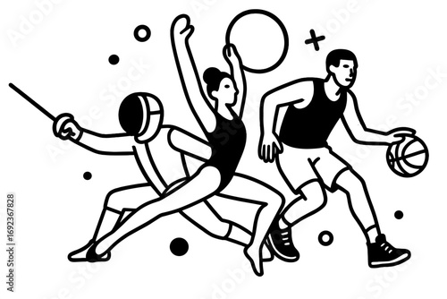 Dynamic composition of athletes in various sports including fencing, basketball, and rhythmic gymnastics in a minimalist black and white style