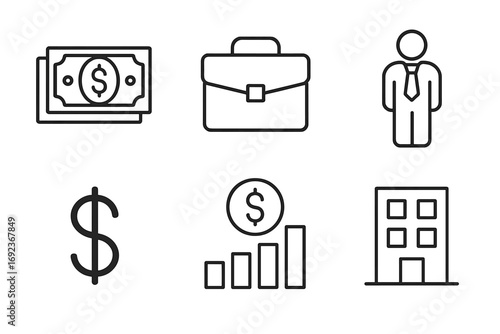 Business and finance icons: money, briefcase, professional, graph, dollar, building
