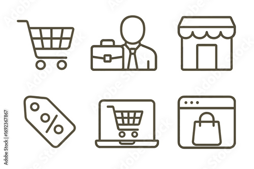 E-commerce symbols: shopping cart, businessperson, storefront, discount tag, online shopping icons