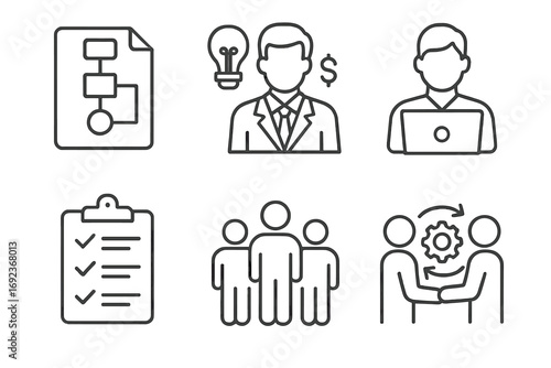 Business icons: flowchart, idea, male professional, computer user, checklist, teamwork
