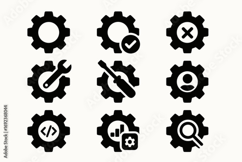 Gear icons with tools and symbols for settings and maintenance