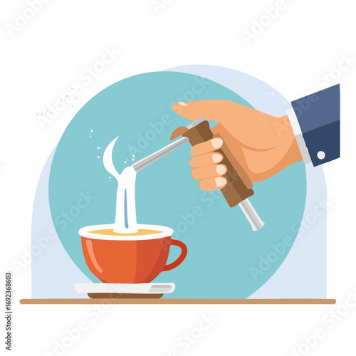 Hand Pouring Milk Into Coffee Cup