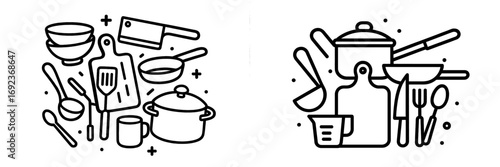 Collection of kitchen utensils and cookware essentials for food preparation and cooking concepts in a bold minimalist style