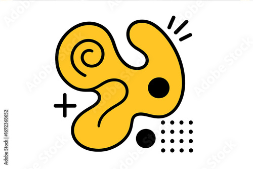Abstract yellow amoeba shape with black geometric elements like plus sign, dots, and circles on a white background