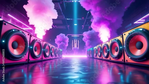 Colorful nightclub stage interior with giant neon speakers bright lights and smoke clouds creating vibrant dance atmosphere
