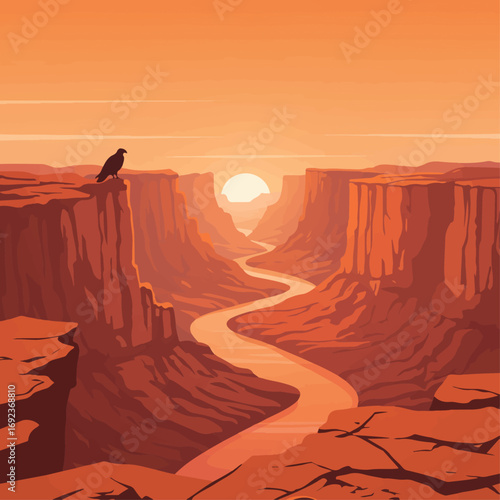 Majestic canyon landscape with soaring eagle at sunrise over winding river