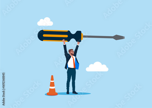 Businessman holds a screwdriver. Support and service. Repairs, customer support, mechanical processes. Modern vector illustration in flat style.