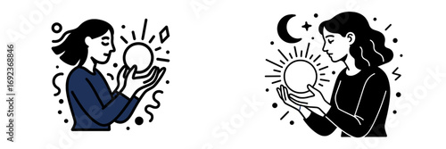 Mystical woman holding a glowing crystal ball for fortune telling and spiritual guidance in a minimalist line art style