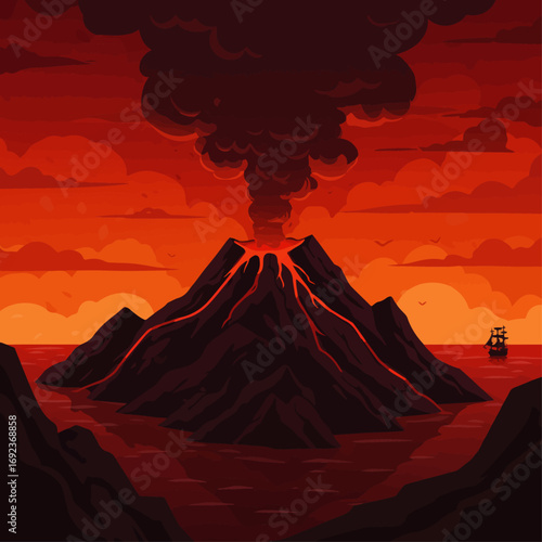 Dramatic volcano erupting fiery lava into smoky skies with distant ship