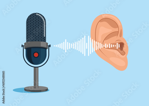 Human ear with sound wave and studio microphone for streaming and gaming. Talking about financial Radio or tv program broadcasting. Flat vector illustration