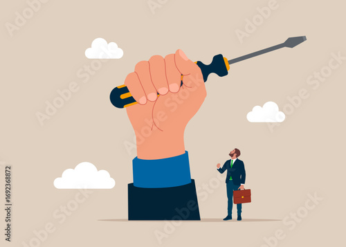 Screwdriver in human hand. Technical service, customer support. Construction, repairs. Support and service. Modern vector illustration in flat style.