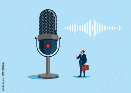 Businessman with sound wave and studio microphone for streaming and gaming. Talking about financial Radio or tv program broadcasting. Flat vector illustration