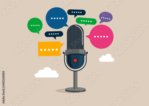 Press conference. Talk, meeting and discuss problems. Studio microphone for streaming and gaming. Media interview with speech bubbles. Flat vector illustration