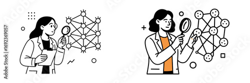 Woman scientist in a lab coat analyzing a neural network with a magnifying glass, concept of data science and research