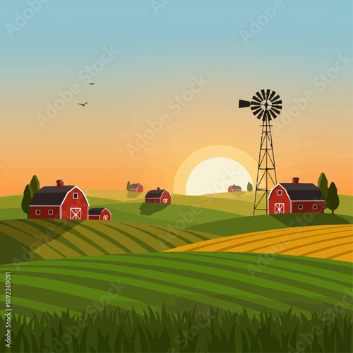 Peaceful farm landscape at sunrise with red barns and windmill