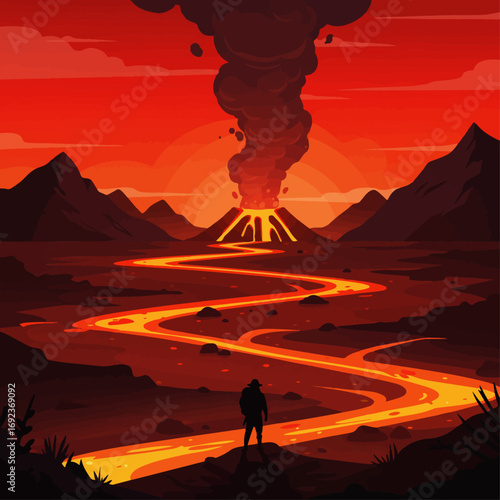 Lone explorer watches fiery lava flow from active volcano at sunset