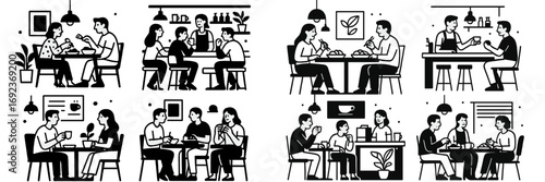 People eating and drinking in a restaurant or cafe, friends and couples socializing and dining together in black and white
