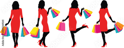 Elegant woman shopping silhouette in red dress with colorful bags, multiple poses showing fashion, lifestyle, retail, and happy consumer.