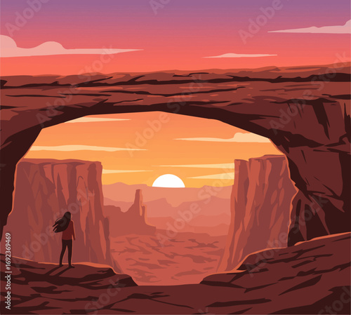 Lone explorer witnesses breathtaking desert arch sunset vista