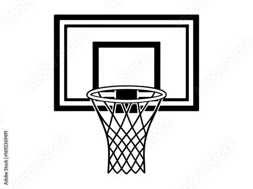 Simple black and white illustration of a basketball hoop and backboard