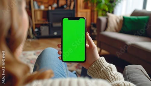 Woman holding phone with green screen in living room