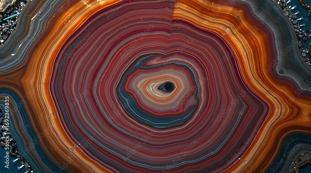 Fototapeta High-resolution macro photograph of petrified wood cross-section showing agate and quartz mineral layers with vivid concentric patterns. Perfect for backgrounds, luxury designs, geology concepts