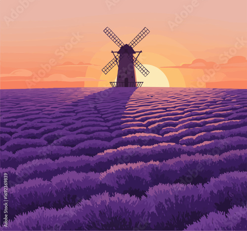 Vibrant lavender field with windmill at sunset evokes peaceful countryside escape