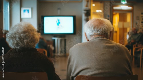 Elderly Couple Watching Television in a Nursing Home, Back View, Senior Citizens Enjoying Entertainment, Assisted Living Facility, Indoor Activity
