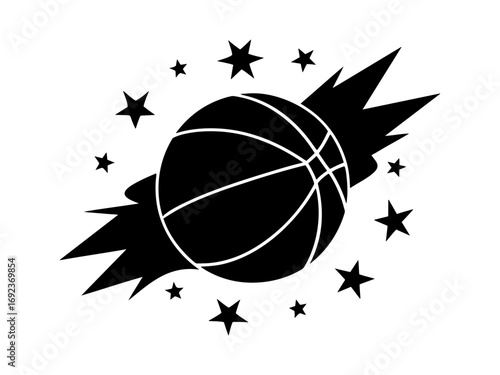 Dynamic silhouette of a basketball with stars and explosive motion