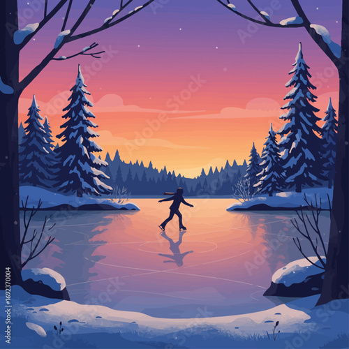Skater glides across frozen lake at stunning winter sunset, serene nature scene
