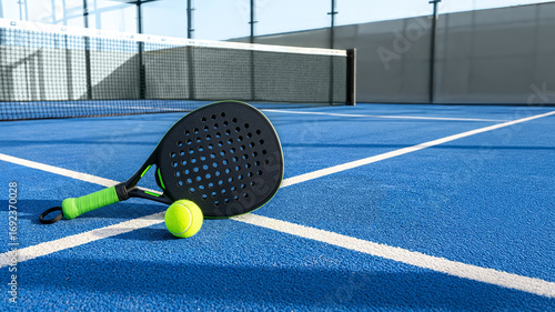 Padel racket and ball on an empty padel court with copy space